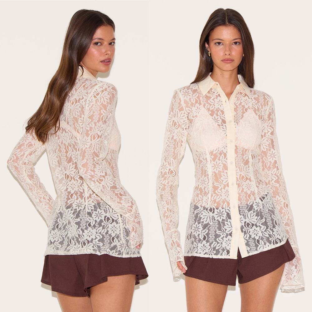 NWT Pretty Little Thing Cream Lace Fitted Bell Sleeve Button Down Shirt Blouse 8
